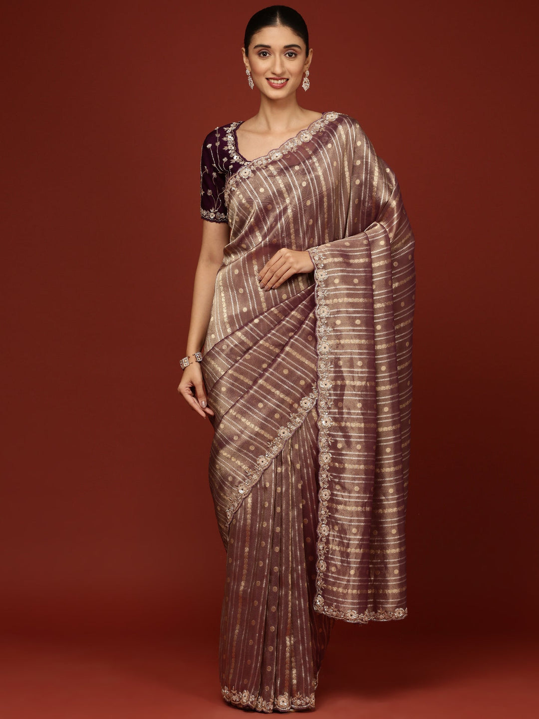 Neerus Purple tissue embellished saree with readymade blouse - detail view 1