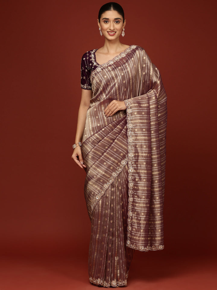 Neerus Purple tissue embellished saree with readymade blouse - detail view 1