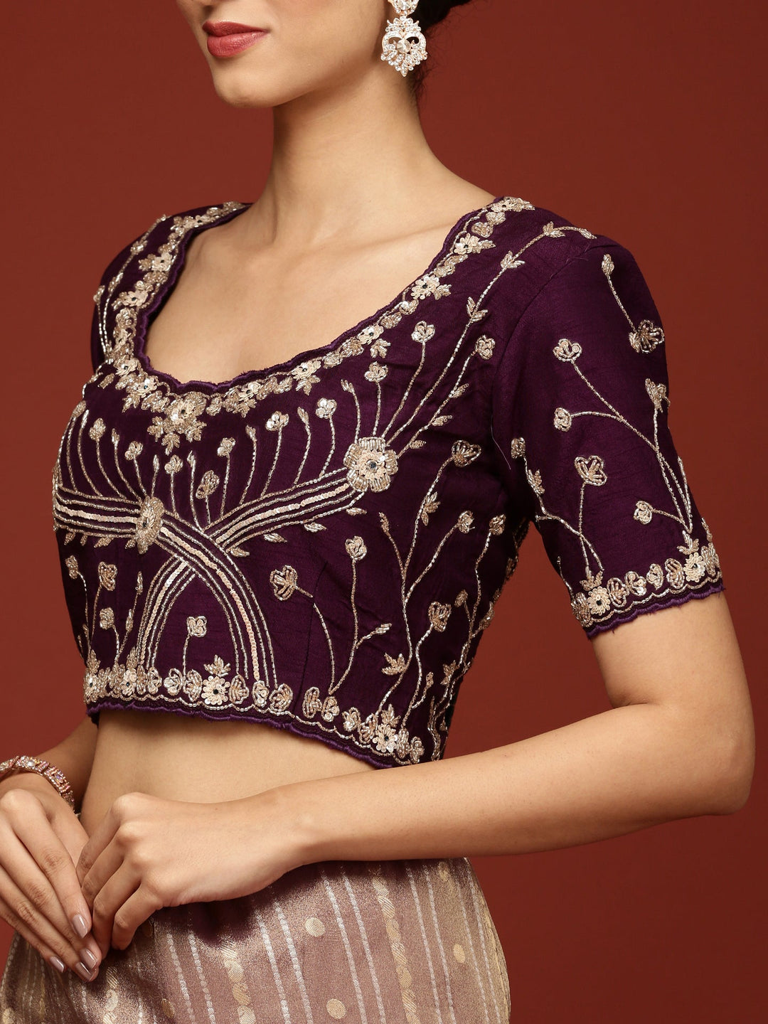 Neerus Purple tissue embellished saree with readymade blouse - detail view 4