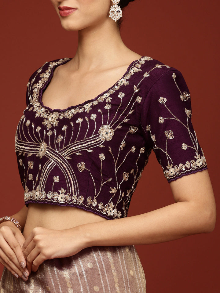 Neerus Purple tissue embellished saree with readymade blouse - detail view 4