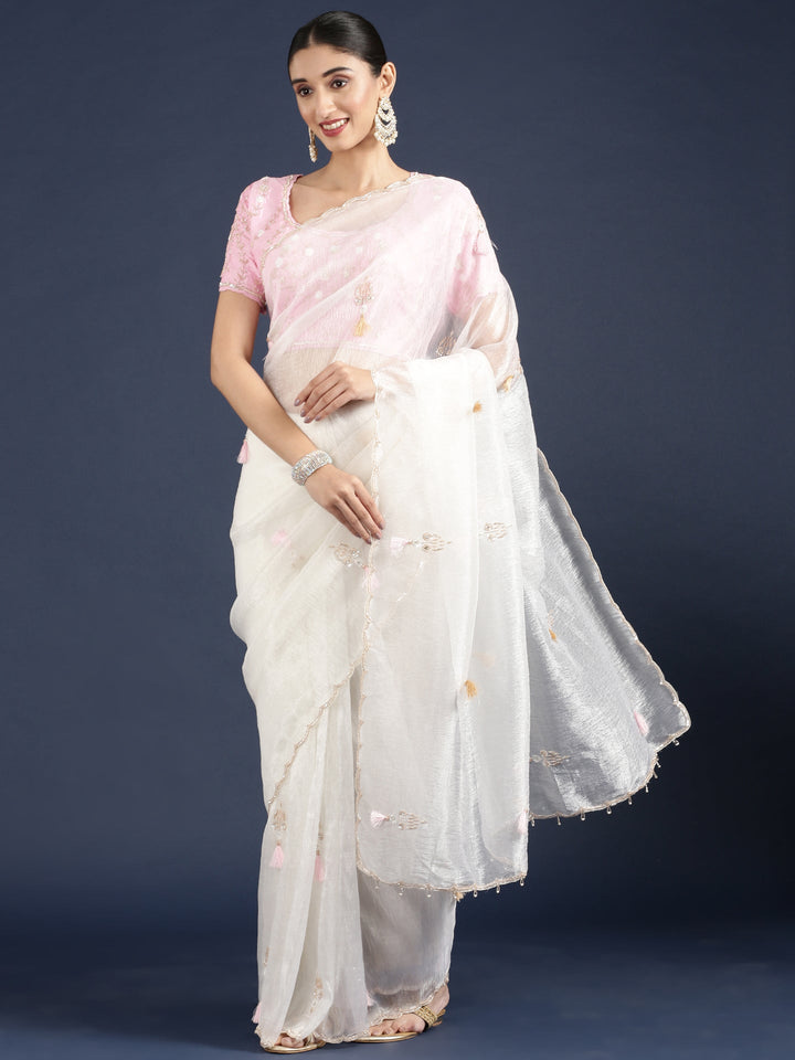 Neerus White crepe embroidered saree with blouse - back view