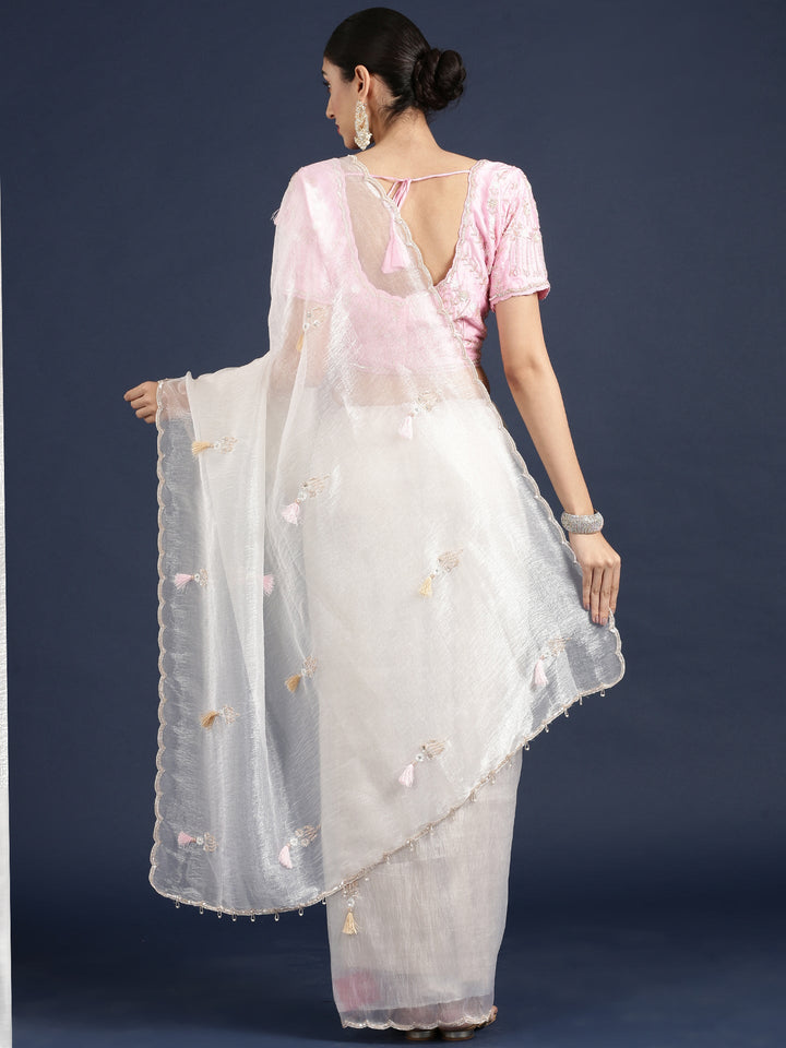 Neerus White crepe embroidered saree with blouse - side view