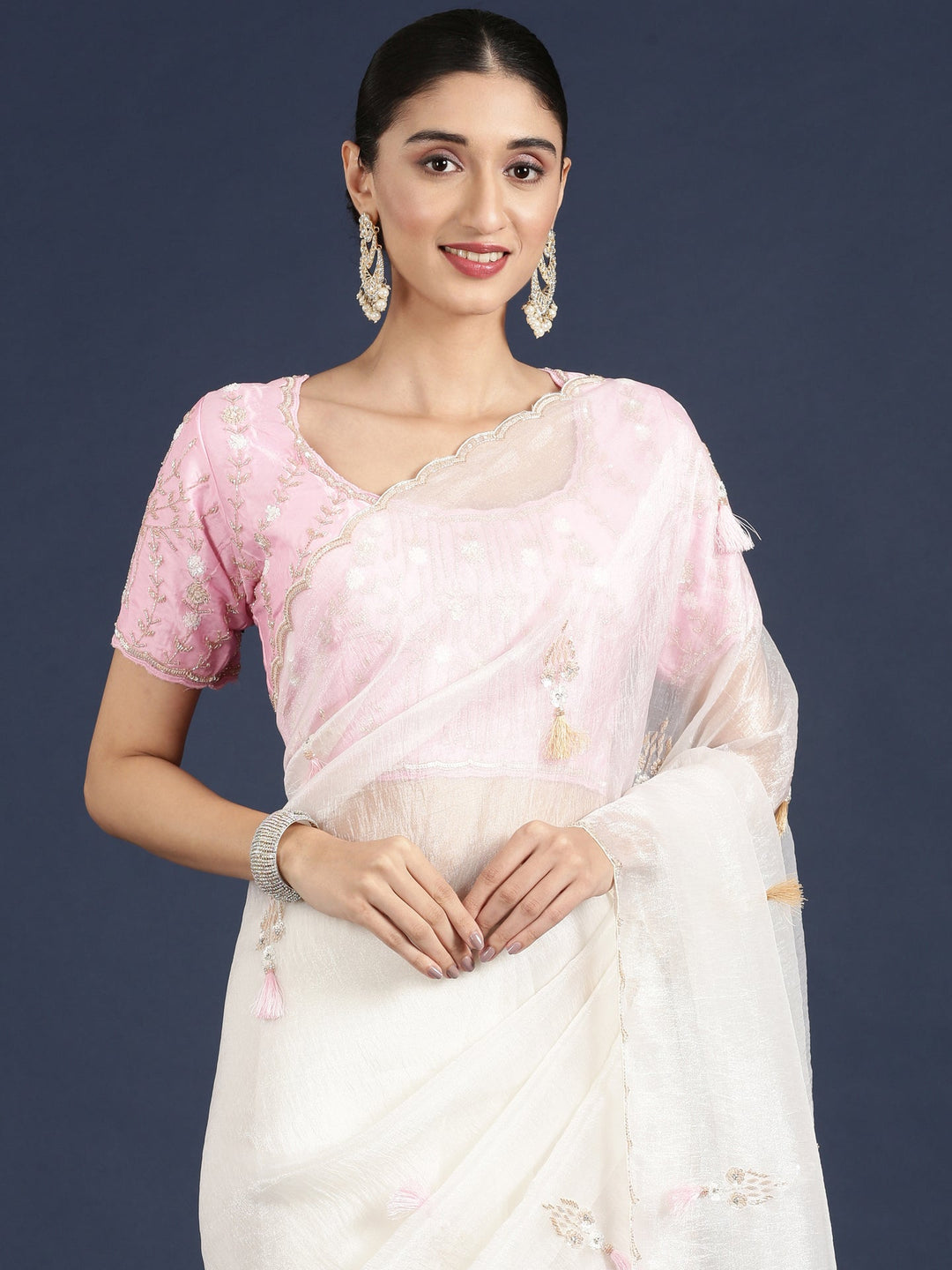 Neerus White crepe embroidered saree with blouse - detail view 1
