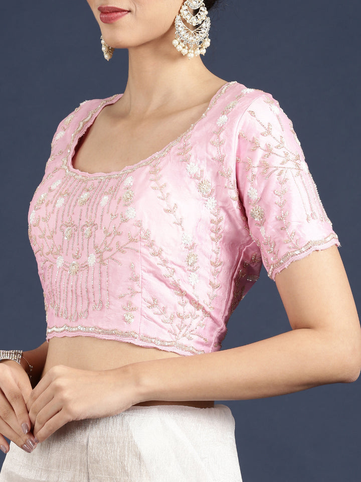 Neerus White crepe embroidered saree with blouse - detail view 5