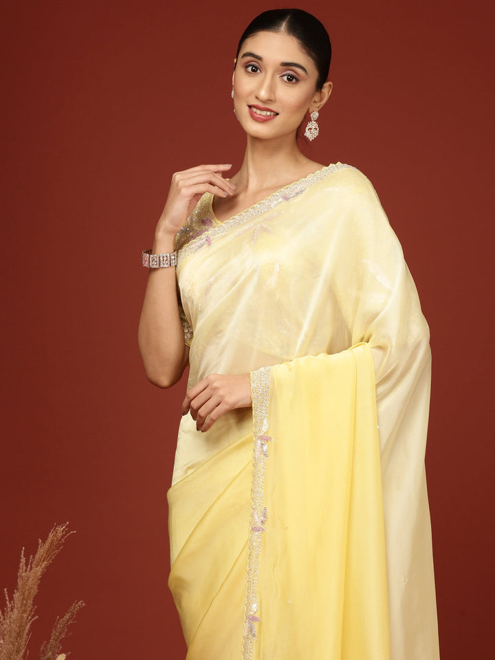 Neerus Yellow crepe embellished saree with readymade blouse - detail view 1