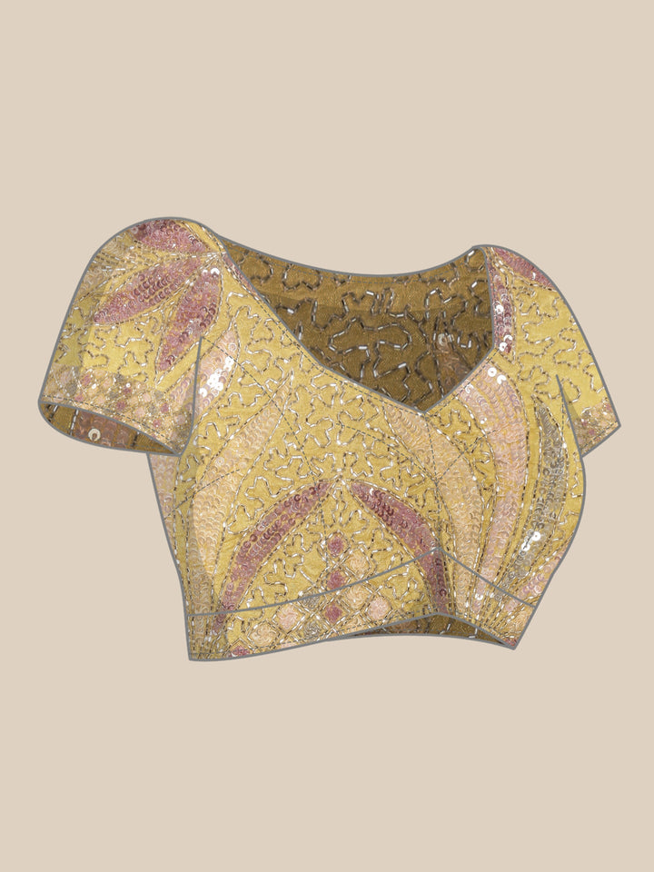 Neerus Yellow crepe embellished saree with readymade blouse - detail view 3
