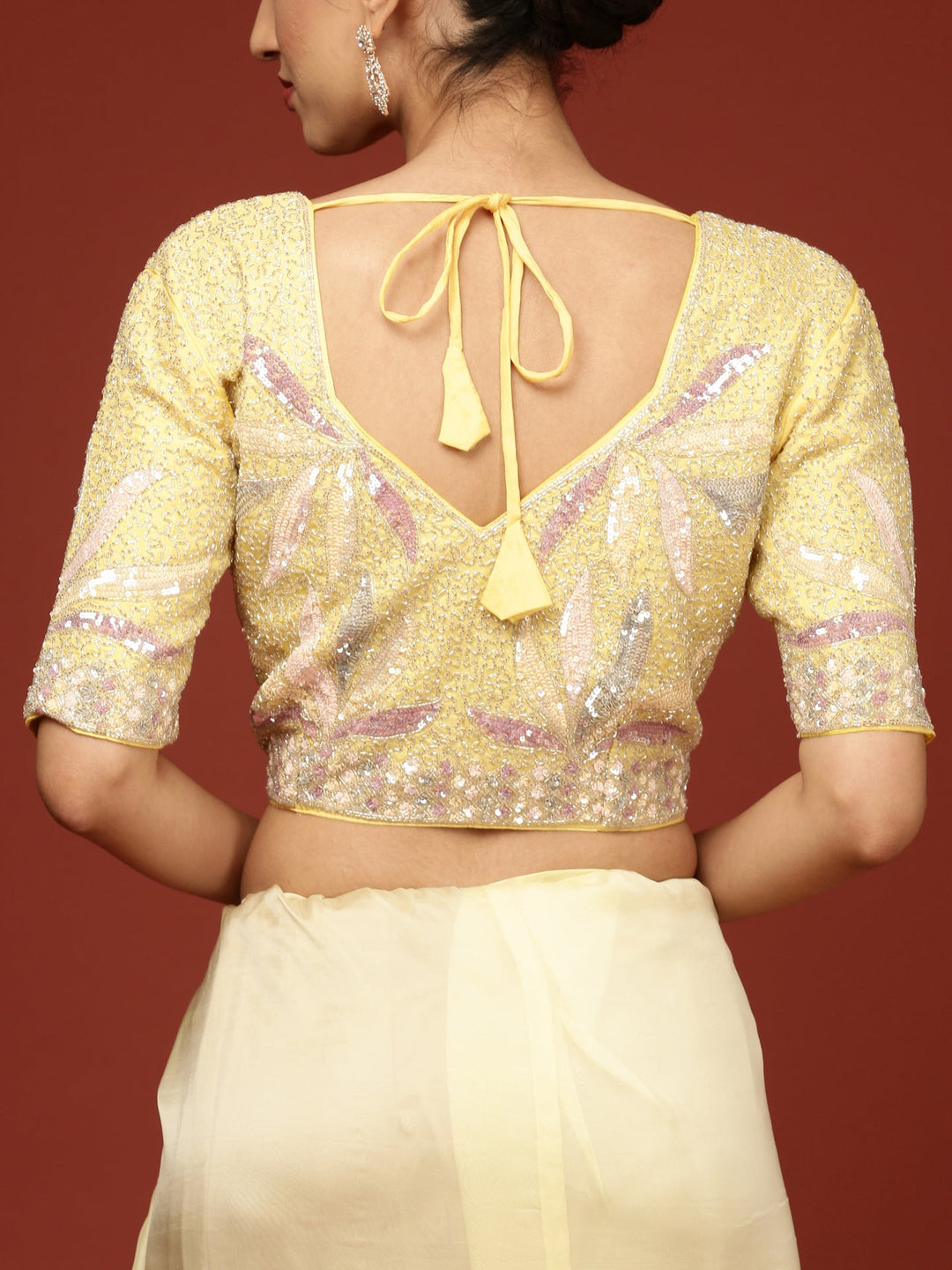 Neerus Yellow crepe embellished saree with readymade blouse - detail view 6