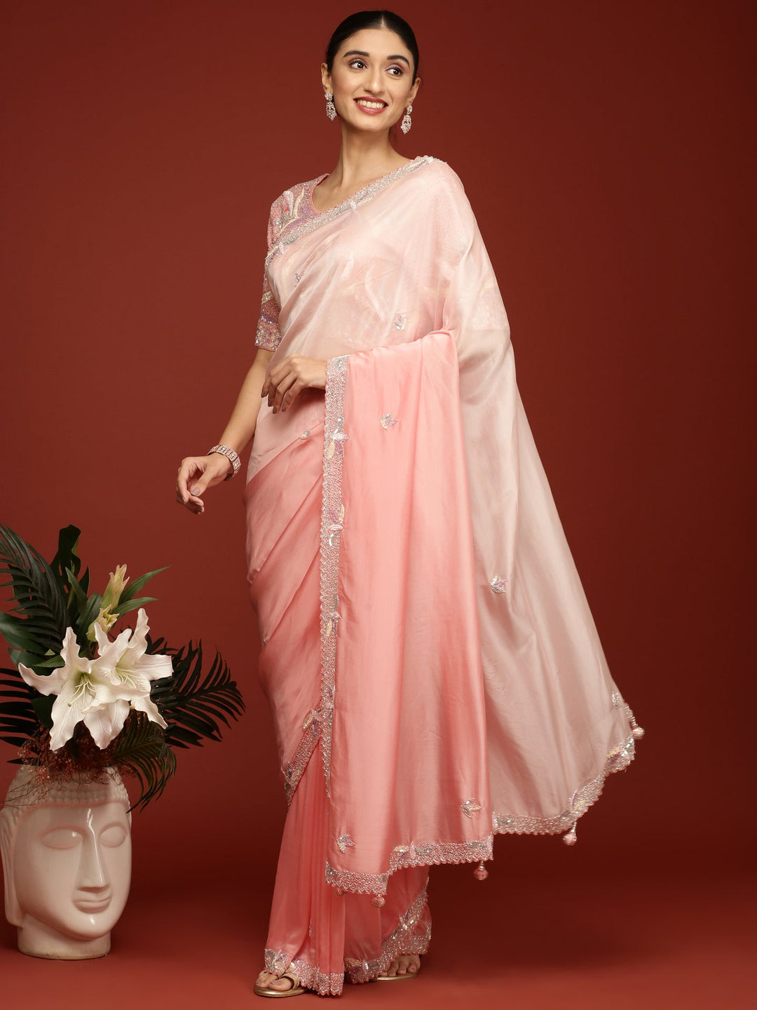 Neerus Pink crepe embellished saree with readymade blouse - front view