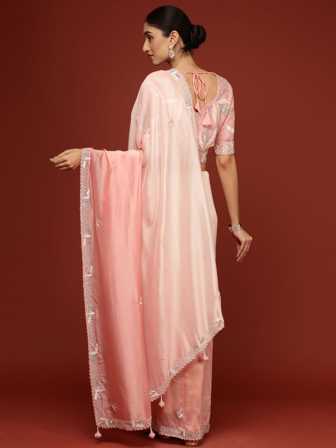 Neerus Pink crepe embellished saree with readymade blouse - back view