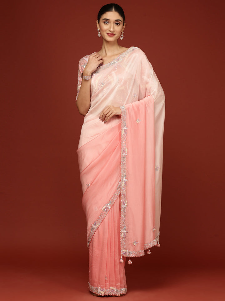 Neerus Pink crepe embellished saree with readymade blouse - detail view 1