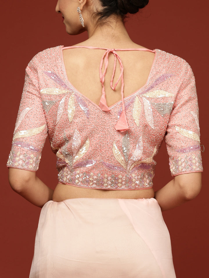 Neerus Pink crepe embellished saree with readymade blouse - detail view 5