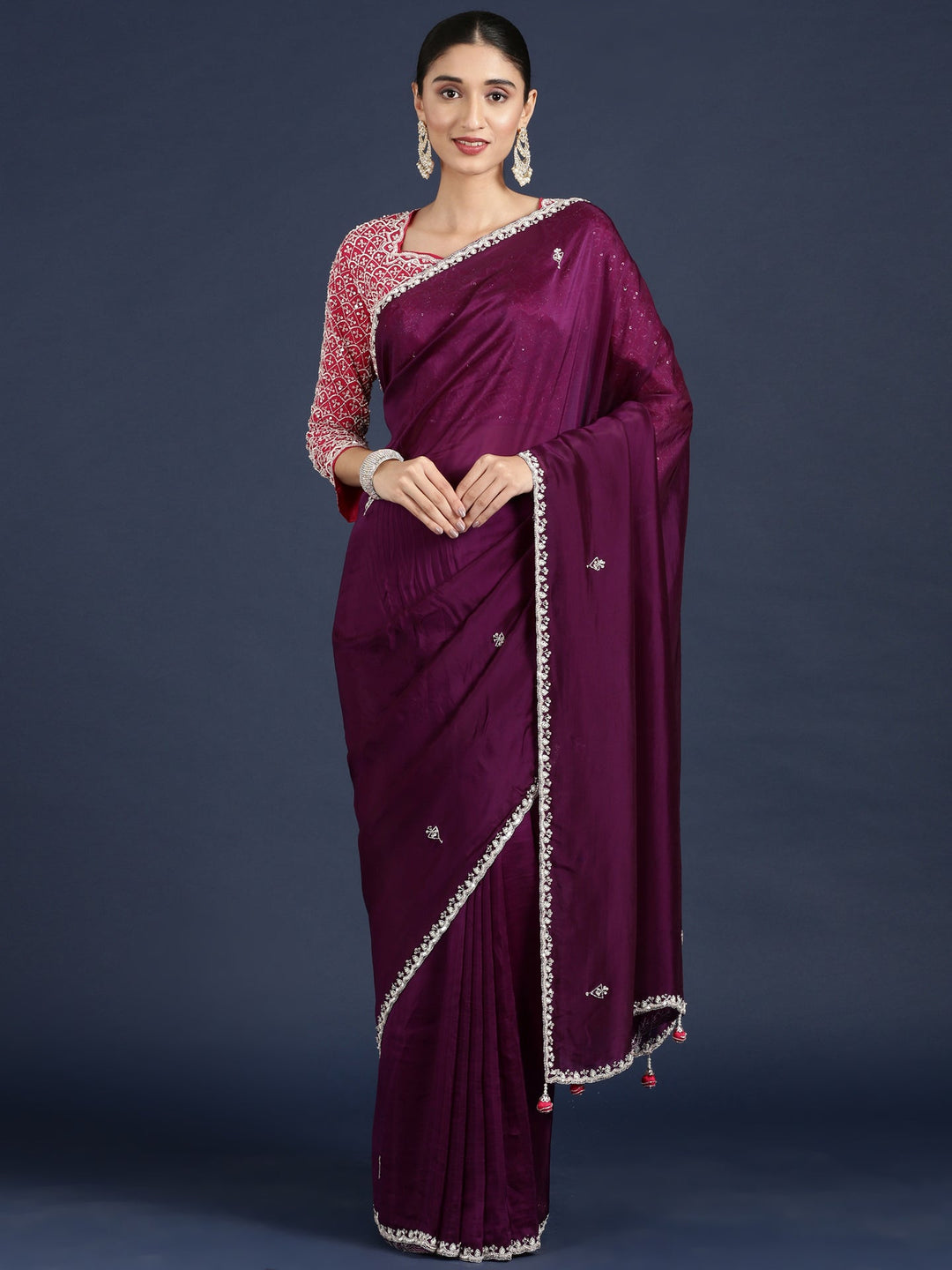 Neerus Purple crepe solid saree with contrast blouse - detail view 1