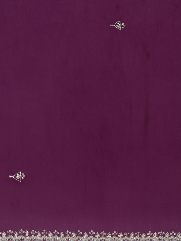Neerus Purple crepe solid saree with contrast blouse - detail view 3