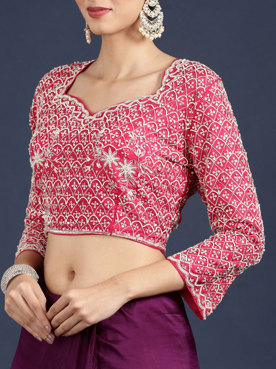 Neerus Purple crepe solid saree with contrast blouse - detail view 4