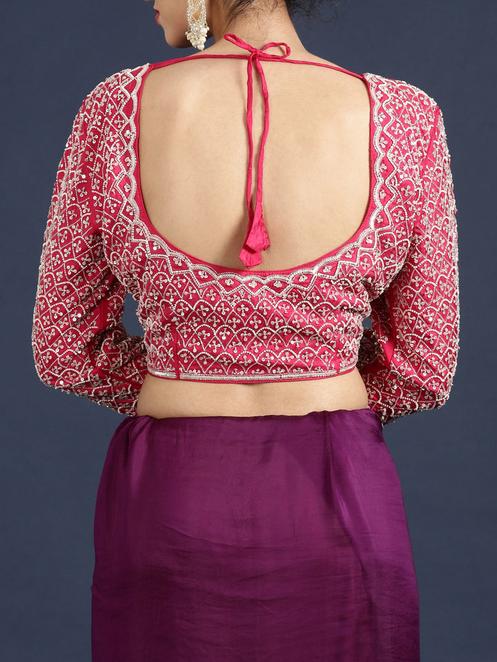 Neerus Purple crepe solid saree with contrast blouse - detail view 5