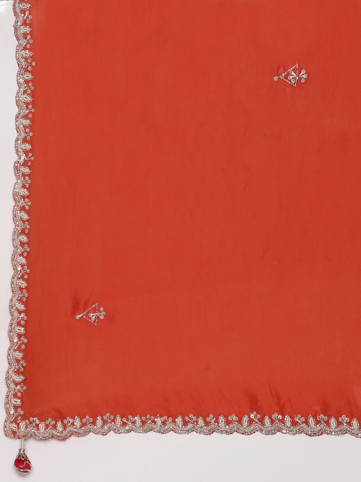 Neerus Orange crepe embellished saree with readymade blouse - detail view 2
