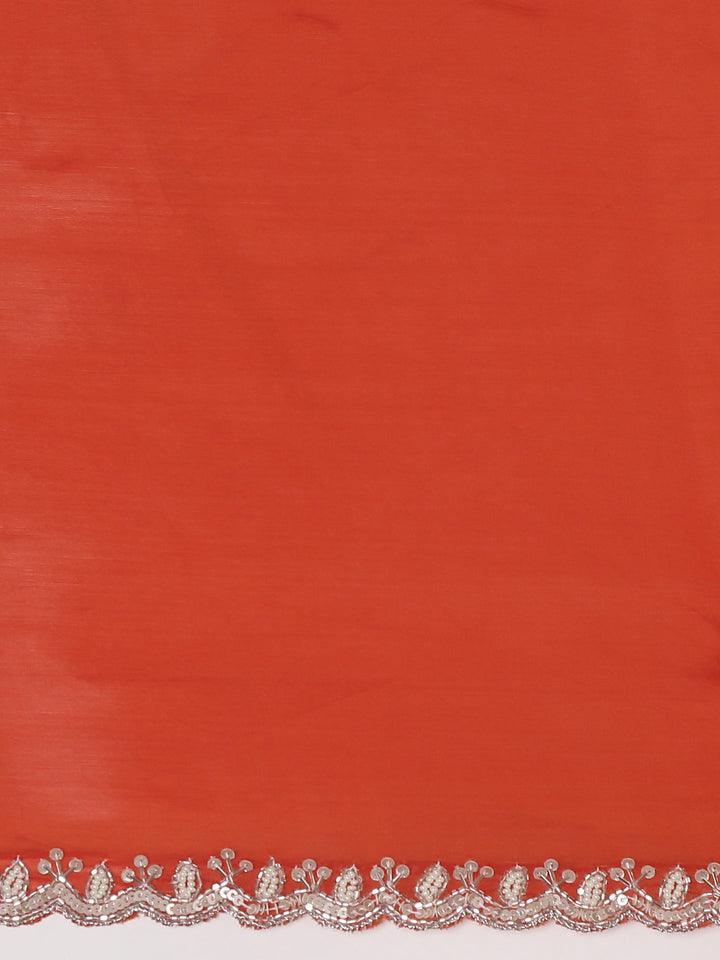 Neerus Orange crepe embellished saree with readymade blouse - detail view 3