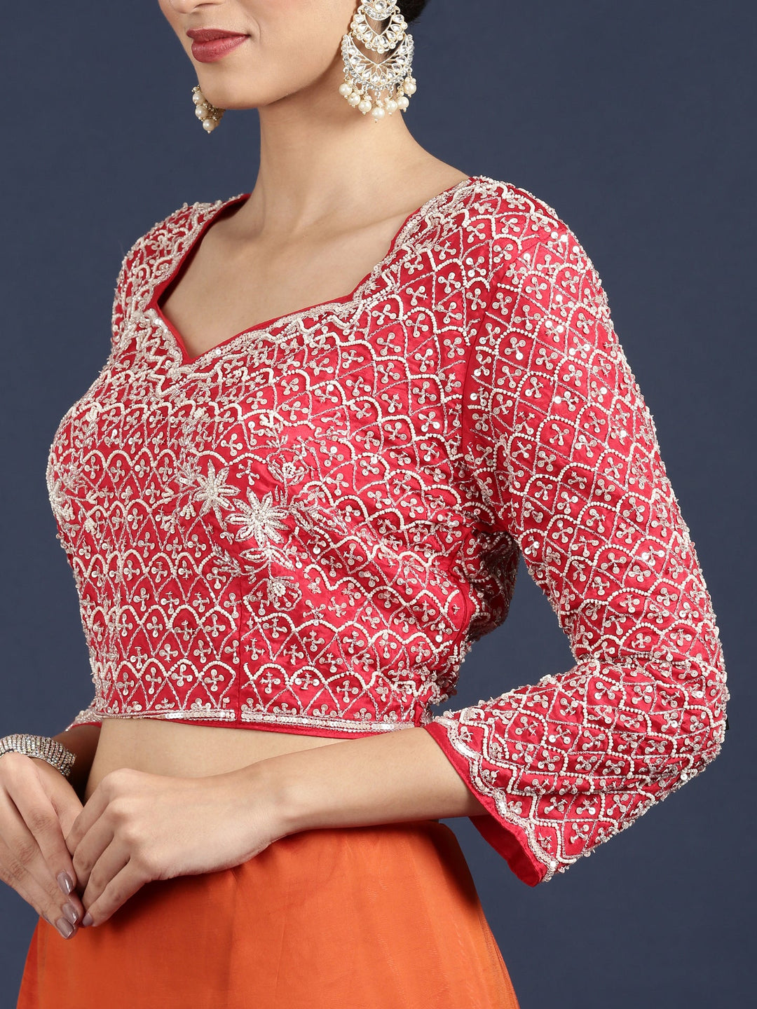 Neerus Orange crepe embellished saree with readymade blouse - detail view 4