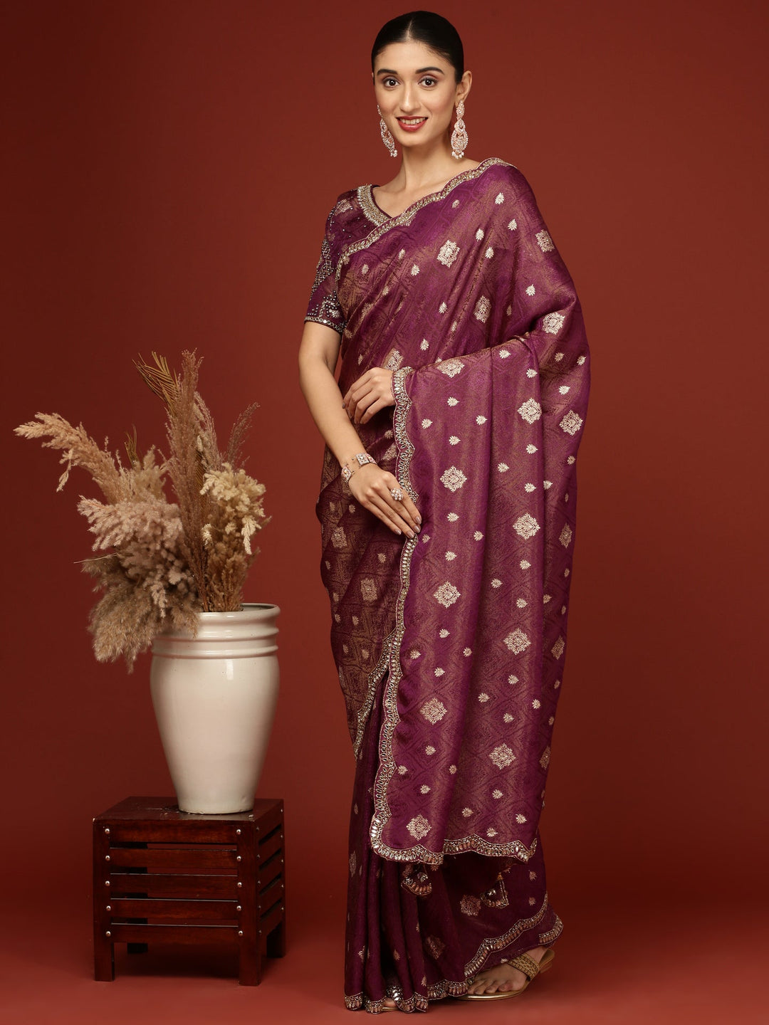 Neerus Purple Banarasi woven saree with embroidered blouse - front view