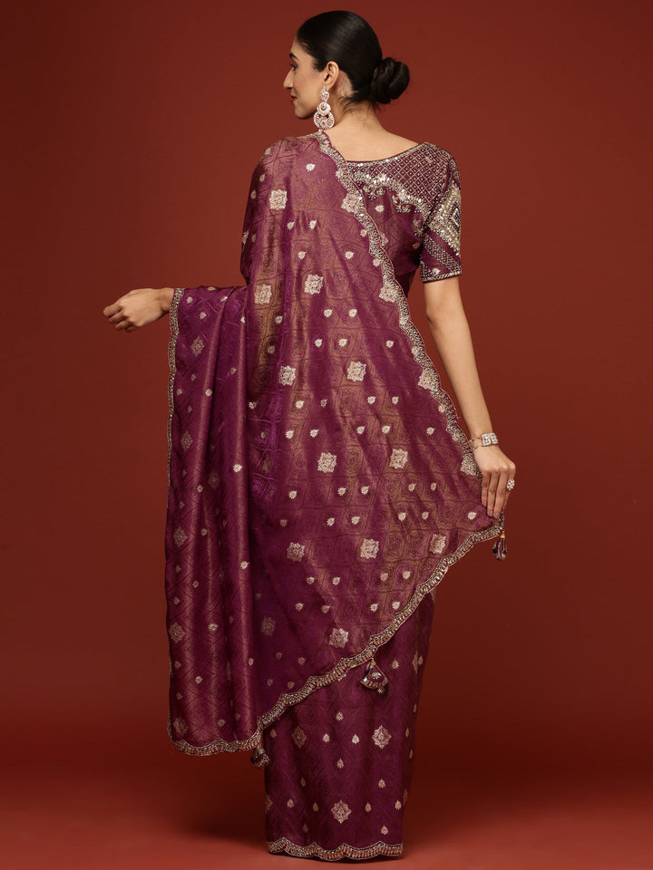Neerus Purple Banarasi woven saree with embroidered blouse - side view
