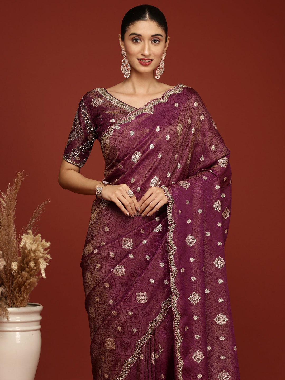 Neerus Purple Banarasi woven saree with embroidered blouse - back view