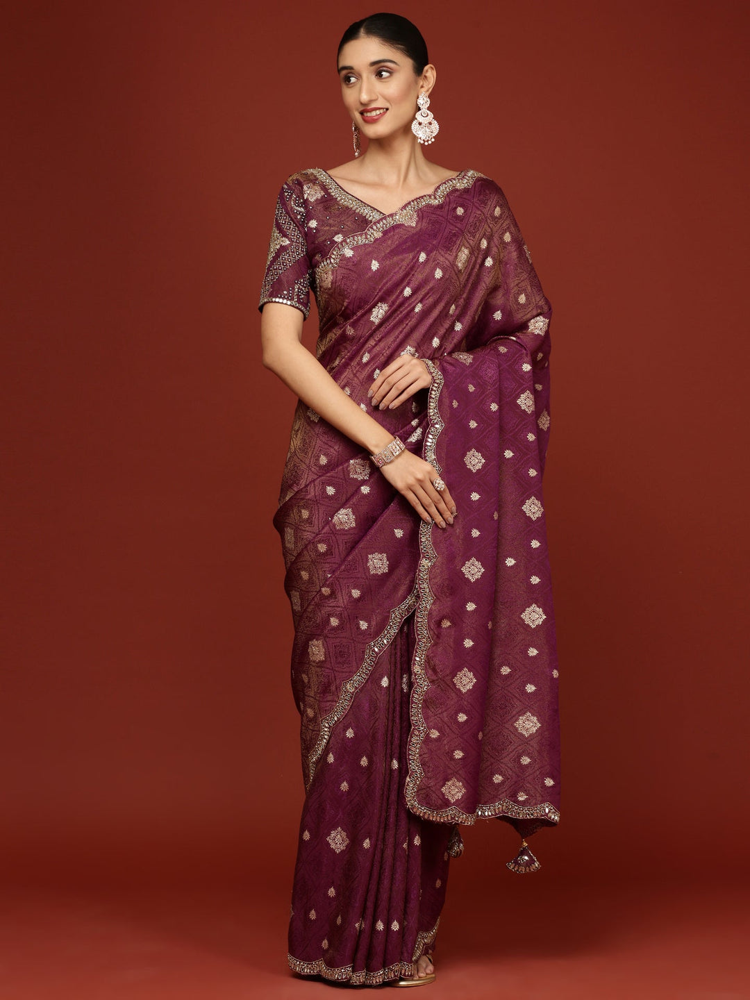 Neerus Purple Banarasi woven saree with embroidered blouse - detail view 1