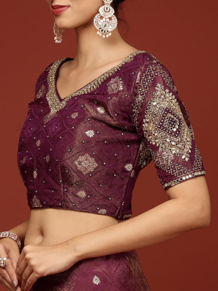 Neerus Purple Banarasi woven saree with embroidered blouse - detail view 4