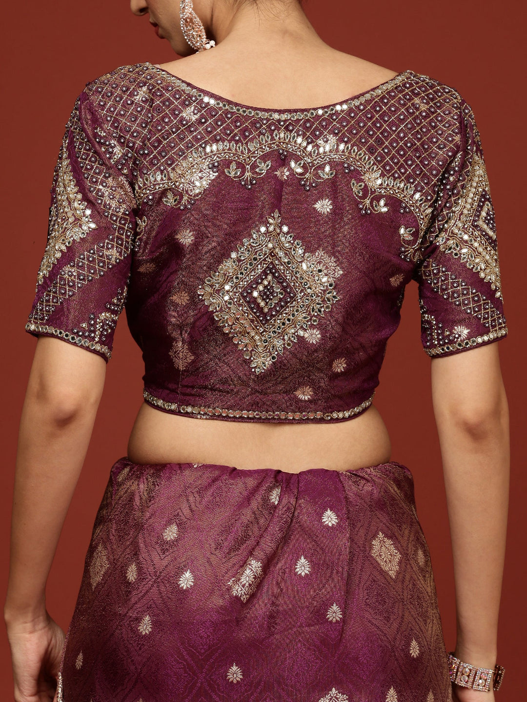 Neerus Purple Banarasi woven saree with embroidered blouse - detail view 5