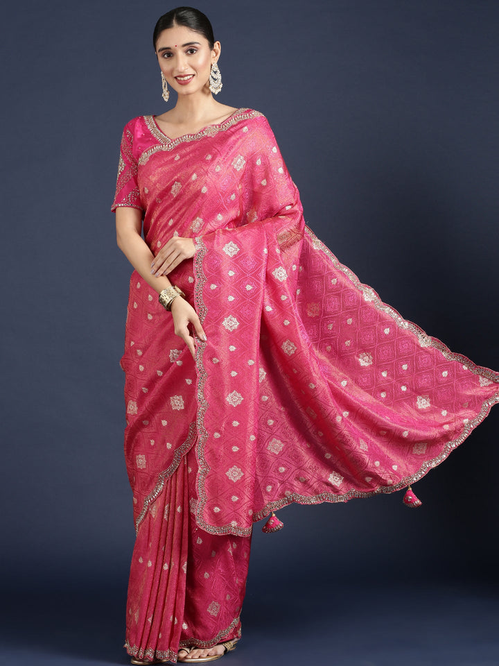 Neerus Pink Banarasi embroidered saree with readymade blouse - front view