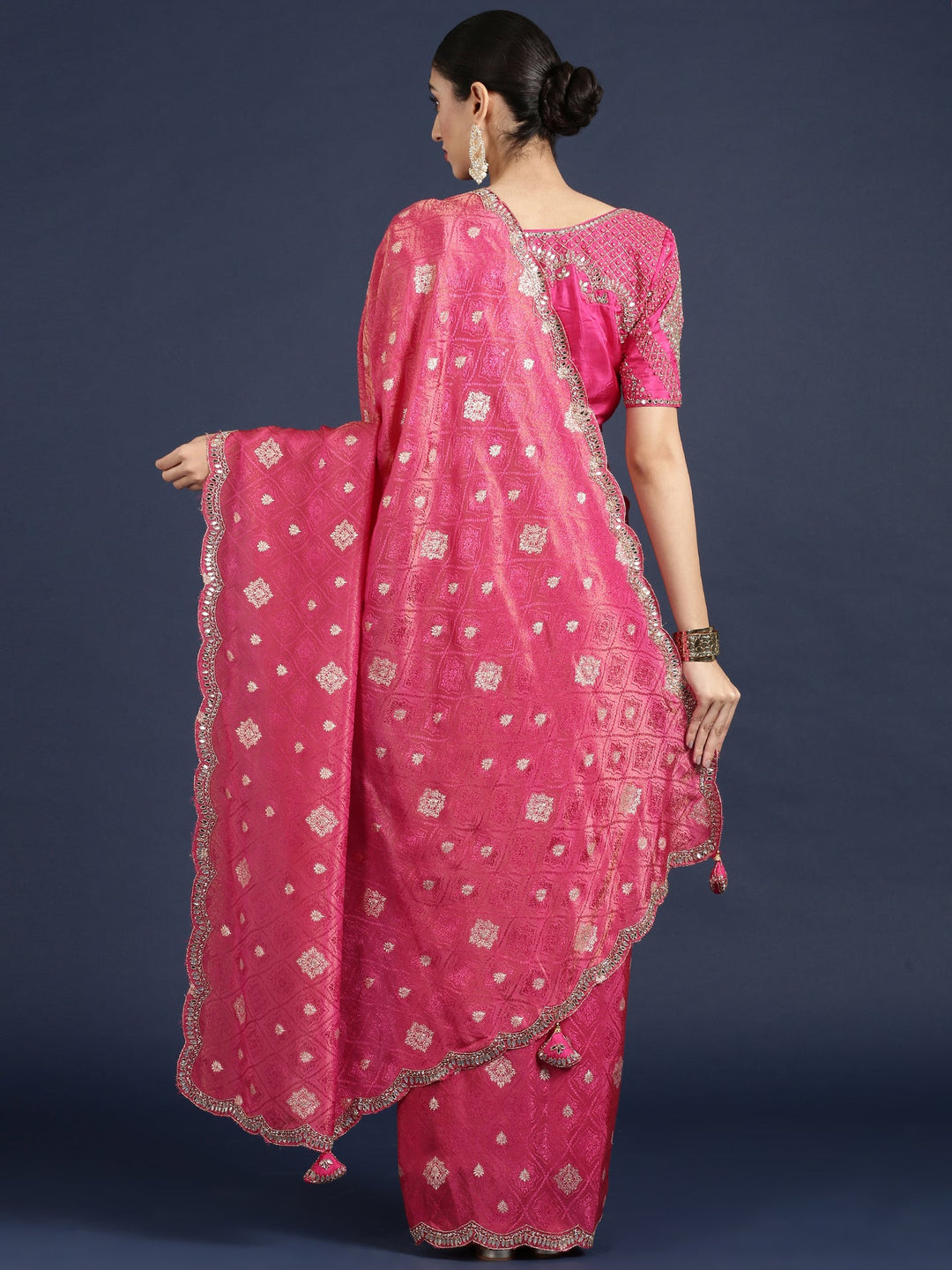 Neerus Pink Banarasi embroidered saree with readymade blouse - back view