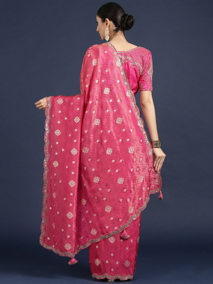 Neerus Pink Banarasi embroidered saree with readymade blouse - back view