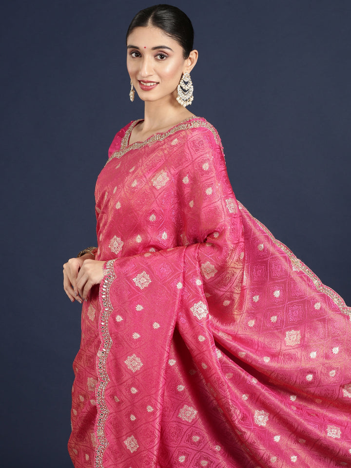 Neerus Pink Banarasi embroidered saree with readymade blouse - side view