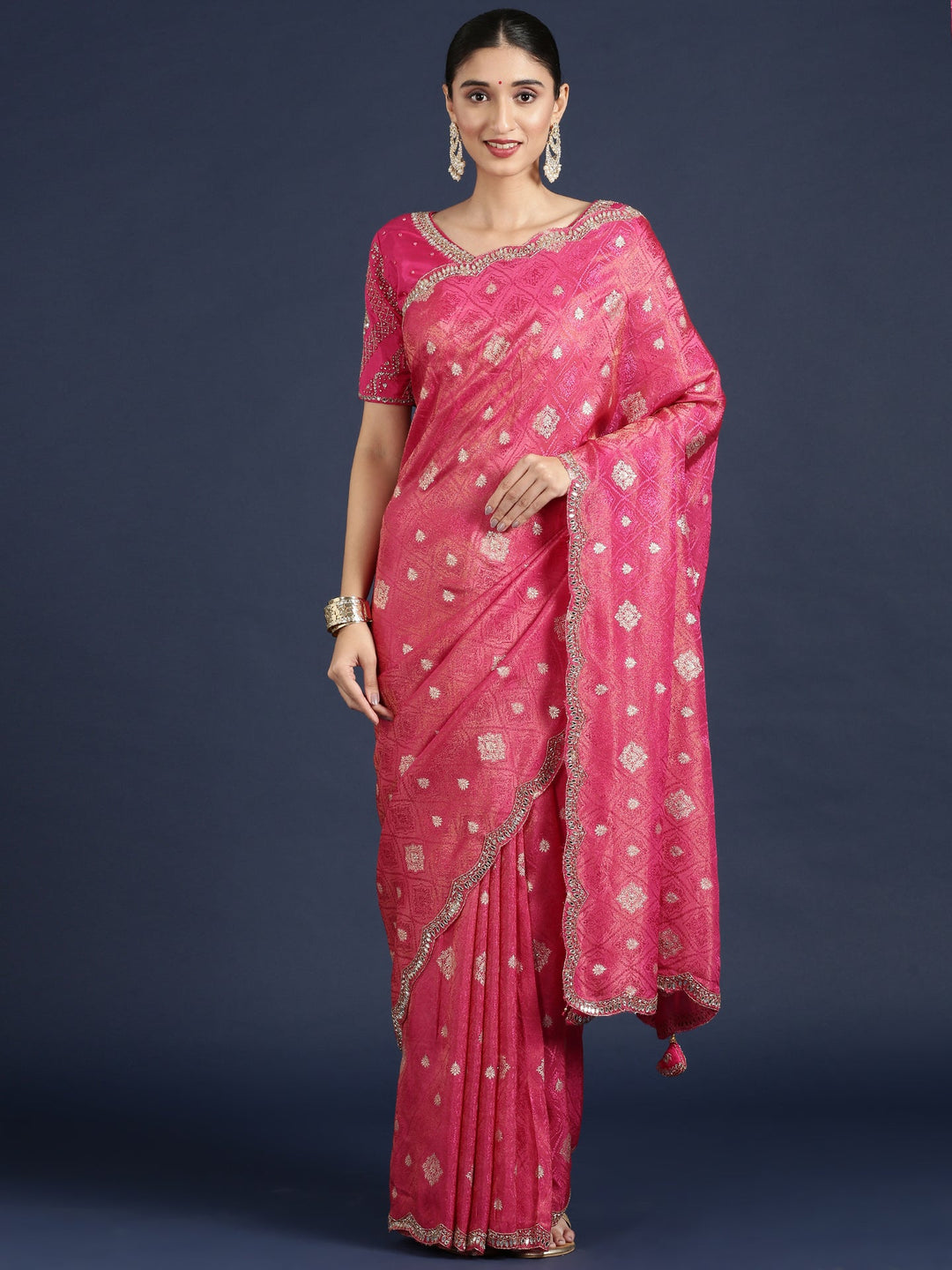 Neerus Pink Banarasi embroidered saree with readymade blouse - detail view 1