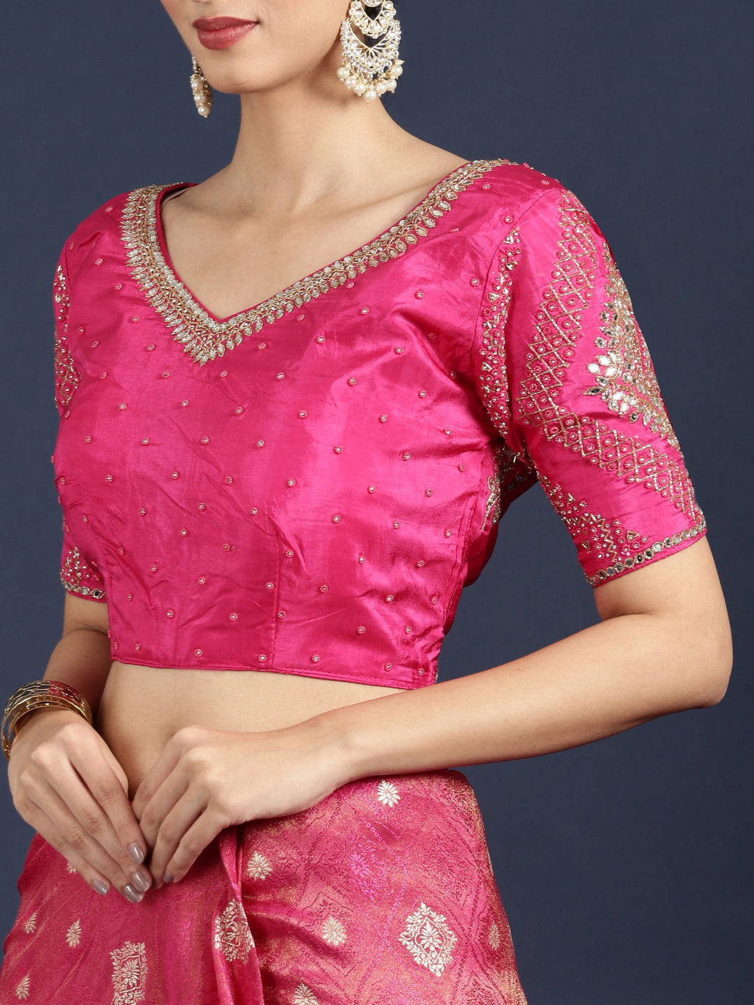 Neerus Pink Banarasi embroidered saree with readymade blouse - detail view 4