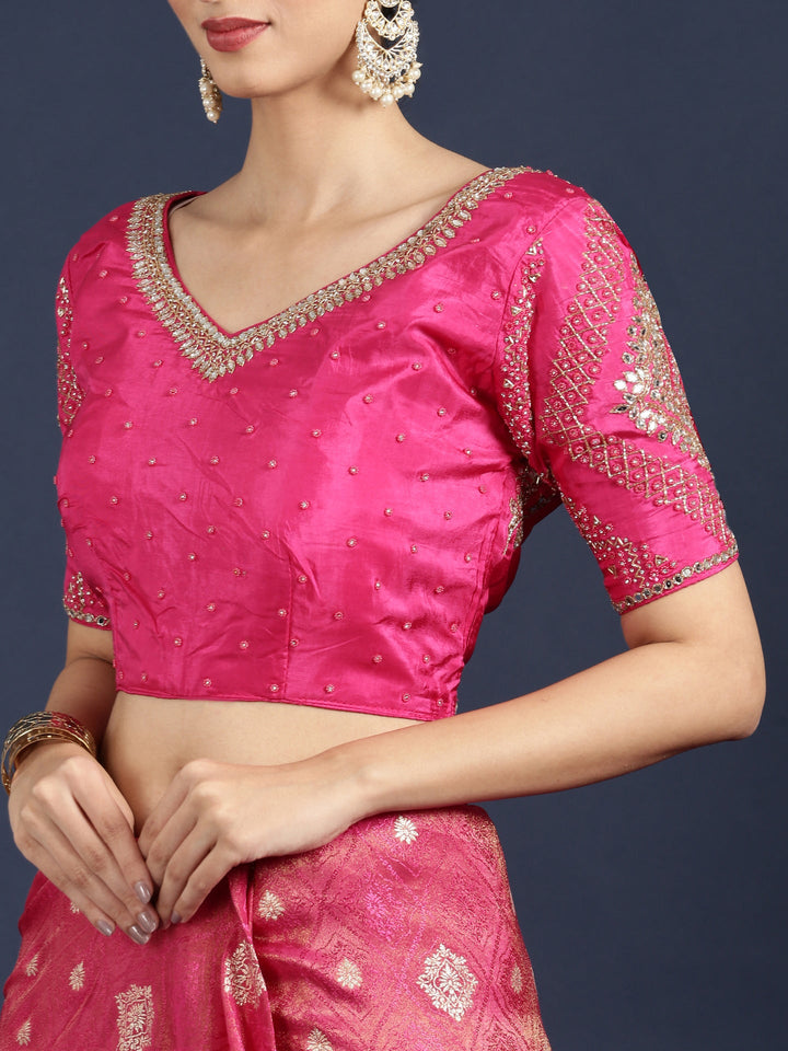 Neerus Pink Banarasi embroidered saree with readymade blouse - detail view 4