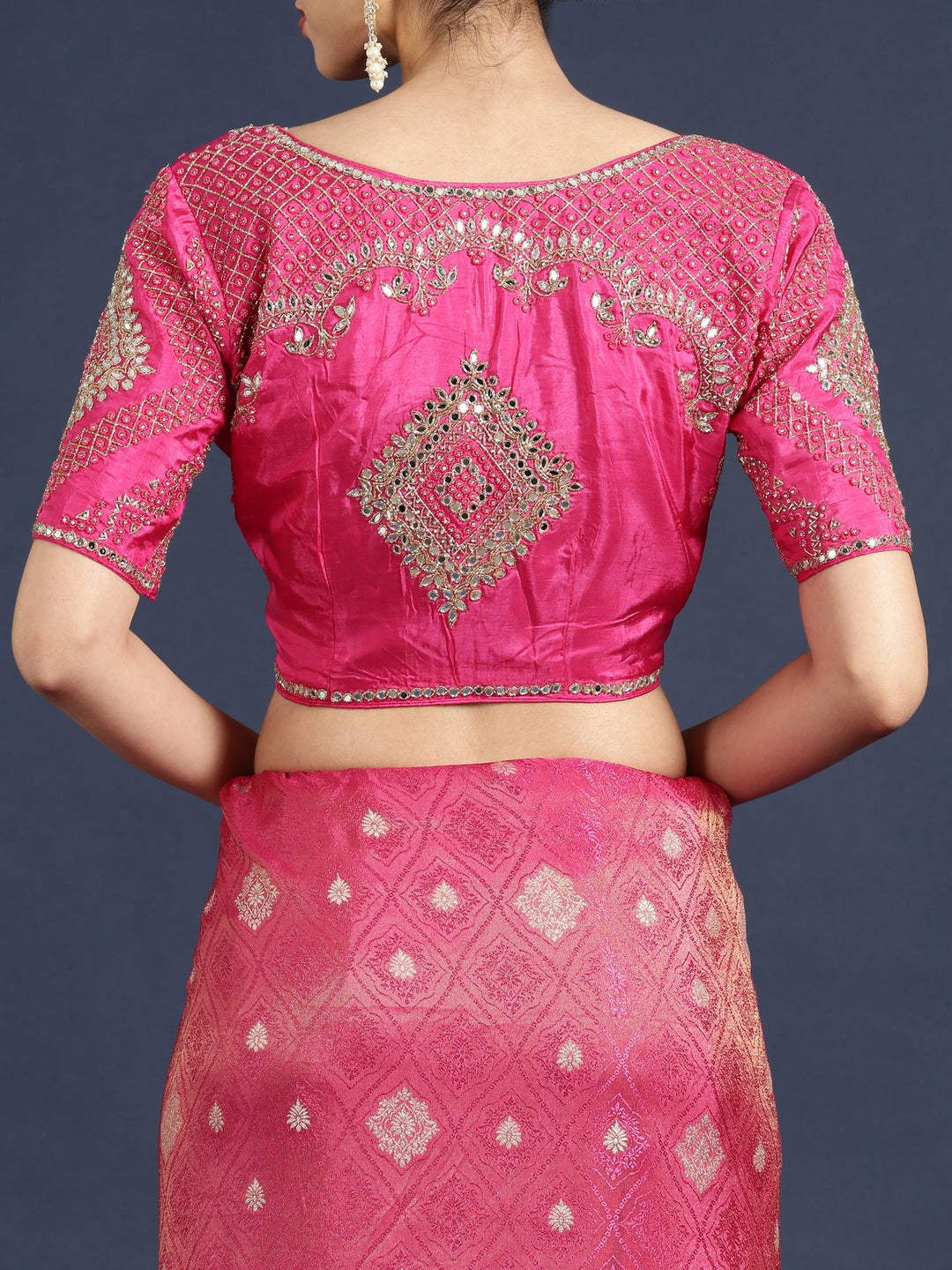 Neerus Pink Banarasi embroidered saree with readymade blouse - detail view 5