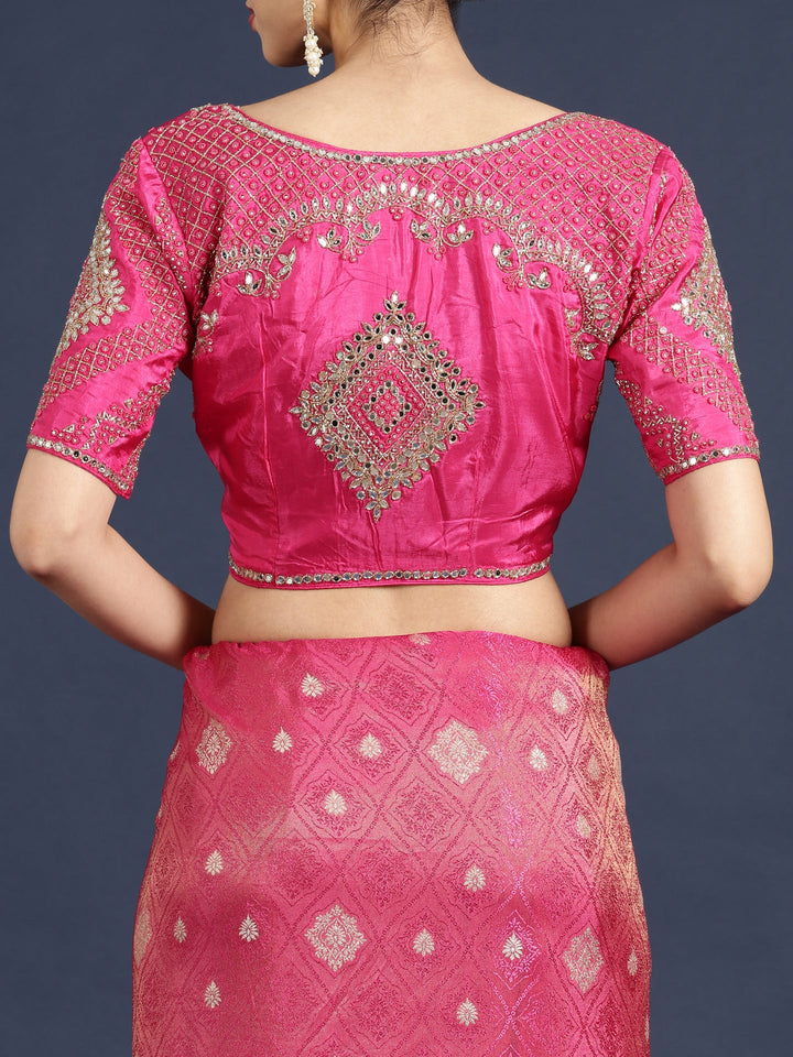 Neerus Pink Banarasi embroidered saree with readymade blouse - detail view 5