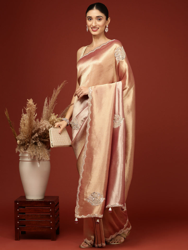 Neerus Pink tissue hand embroidered saree - detail view 1