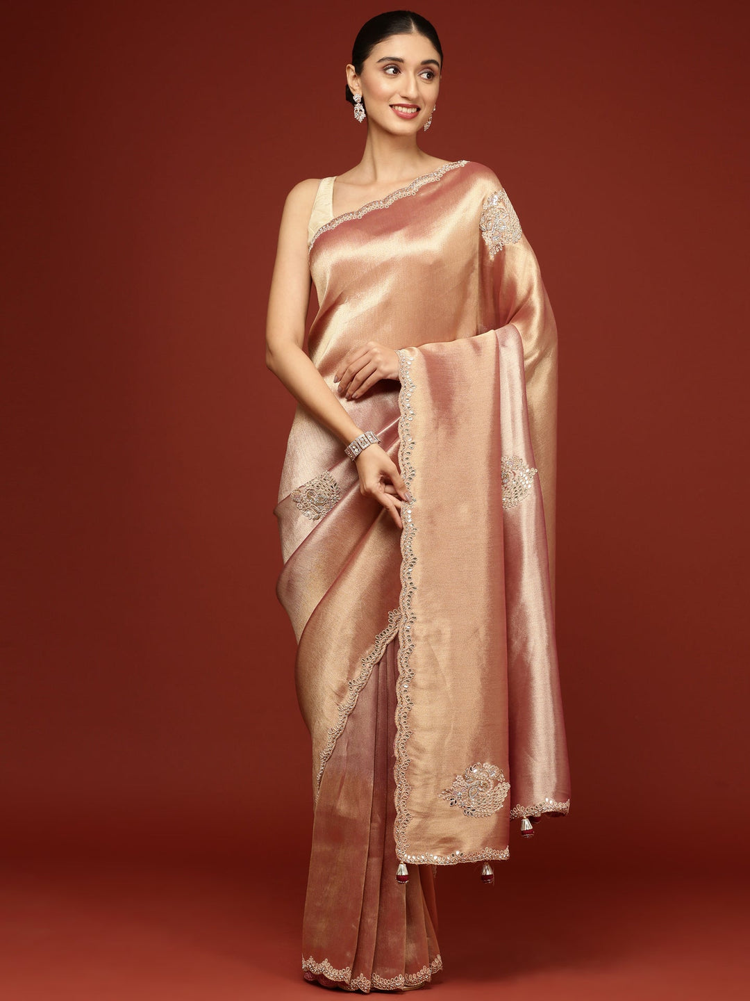 Neerus Pink tissue hand embroidered saree - front view
