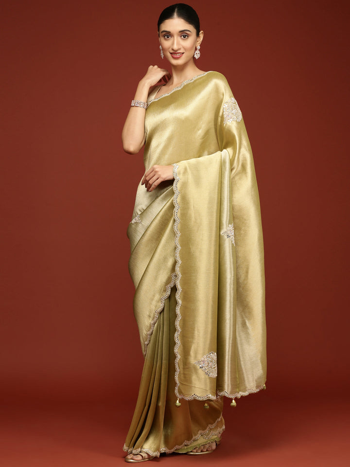 Neerus Green tissue embroidered saree - front view