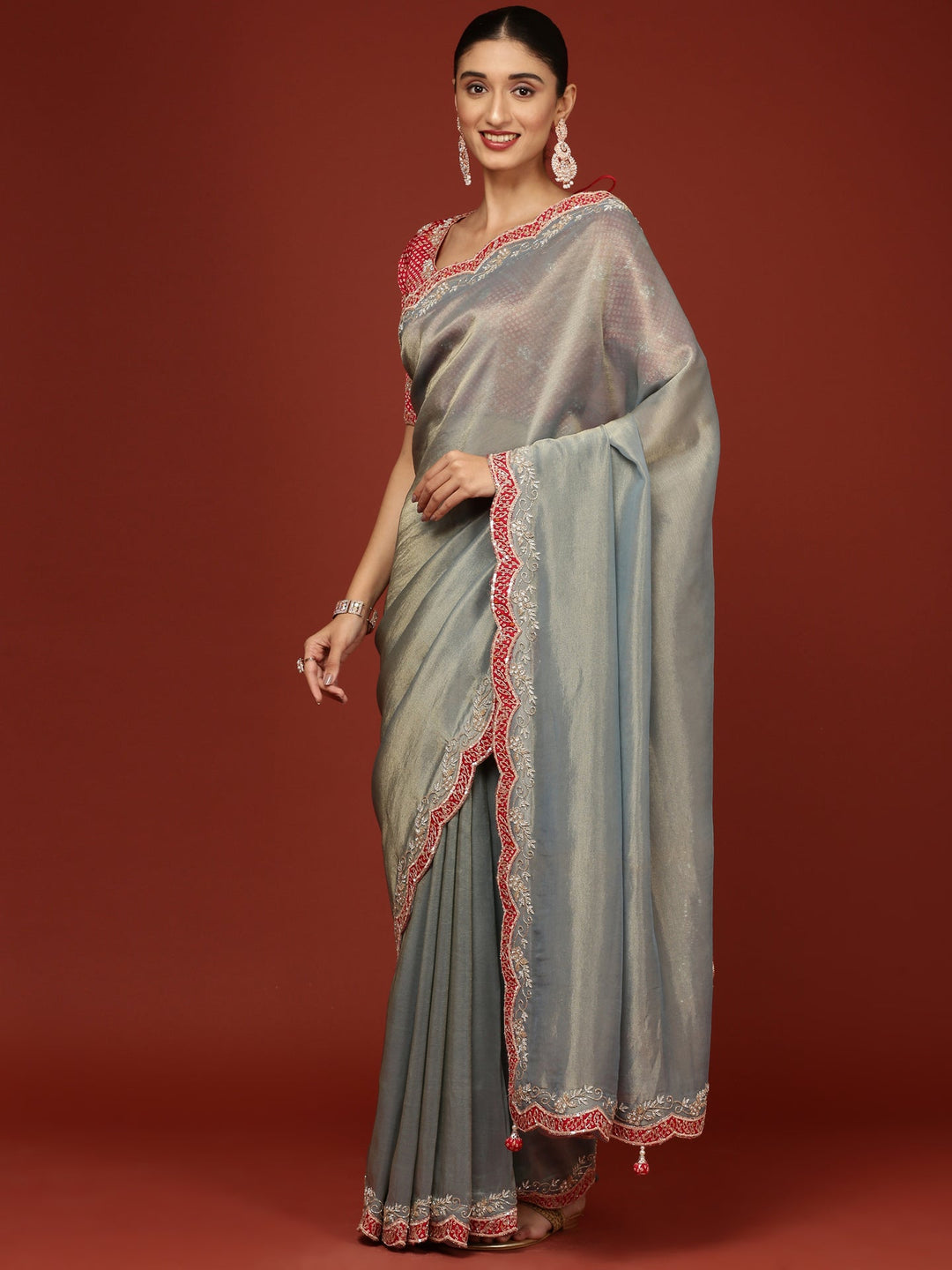 Neerus Blue Tissue Embroidered Saree with Blouse - back view