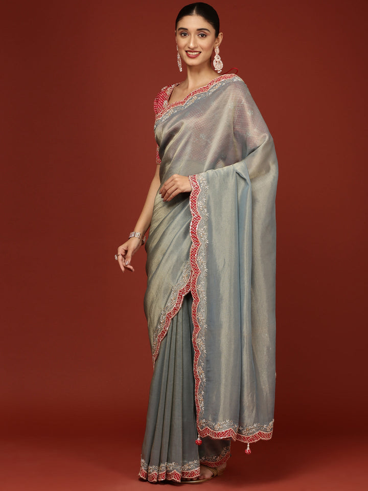 Neerus Blue Tissue Embroidered Saree with Blouse - back view