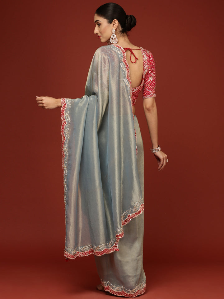 Neerus Blue Tissue Embroidered Saree with Blouse - side view