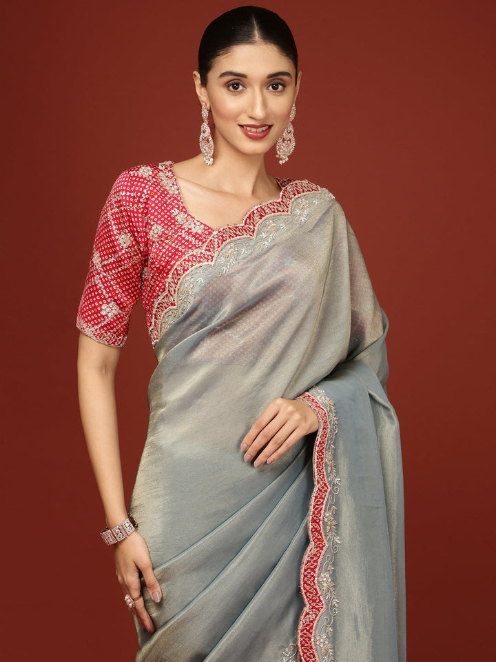 Neerus Blue Tissue Embroidered Saree with Blouse - detail view 1