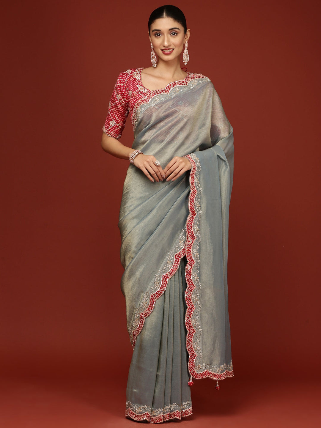 Neerus Blue Tissue Embroidered Saree with Blouse - front view