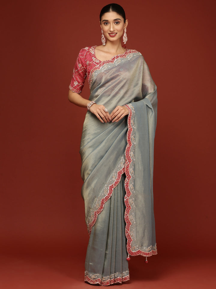 Neerus Blue Tissue Embroidered Saree with Blouse - front view