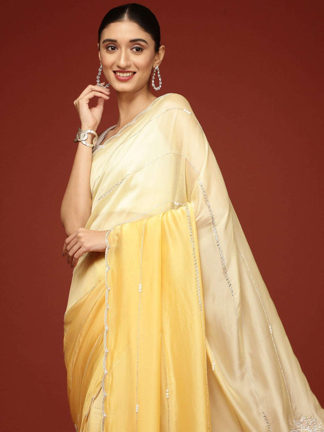 Neerus Yellow crepe embroidered saree - detail view 1