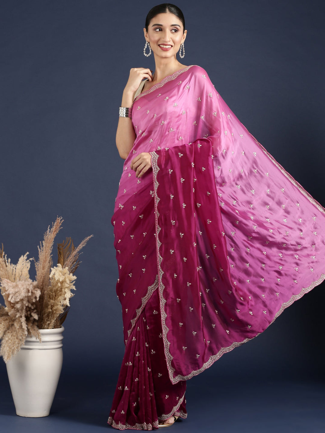 Neerus Purple crepe hand embroidered saree - front view