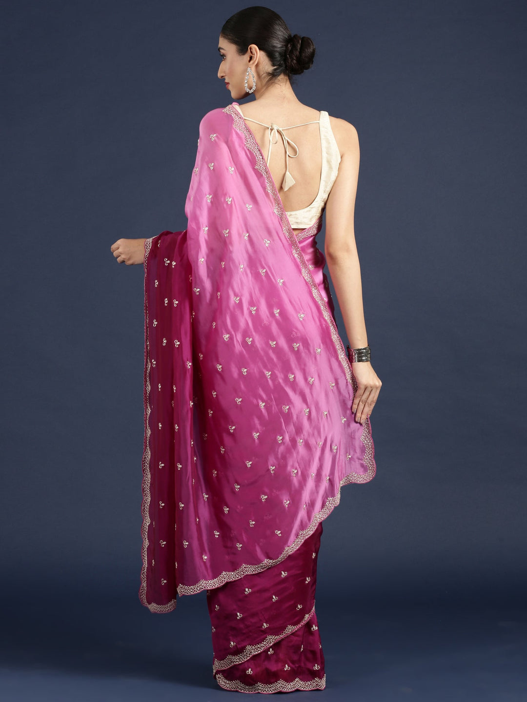 Neerus Purple crepe hand embroidered saree - back view