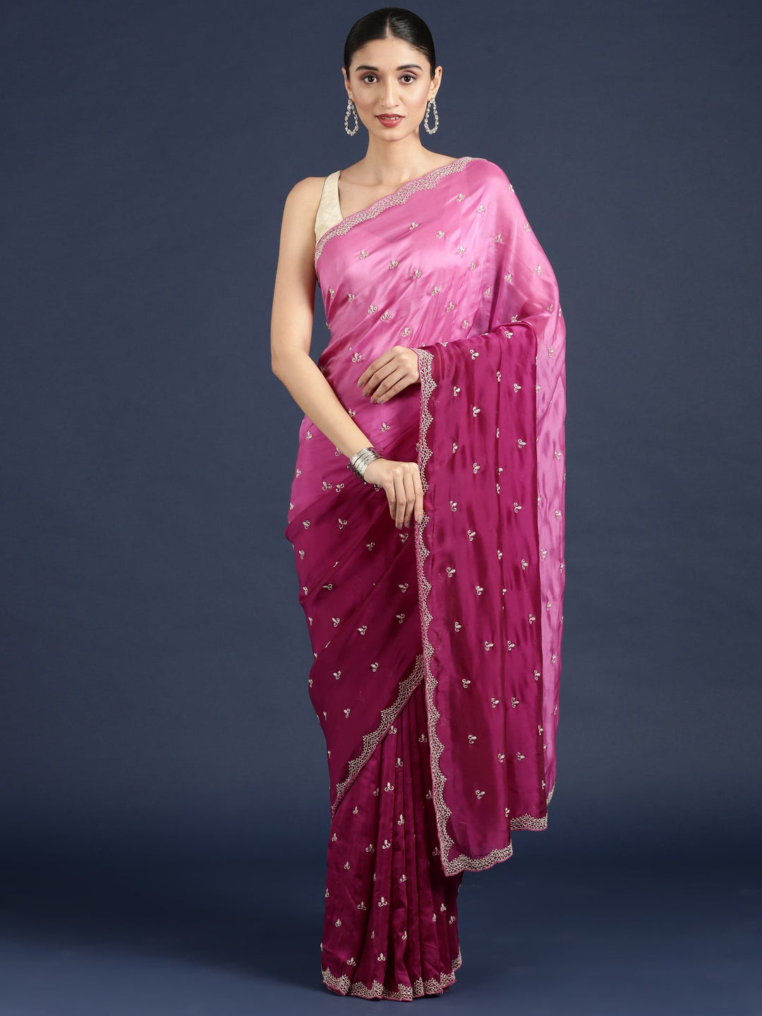 Neerus Purple crepe hand embroidered saree - detail view 1